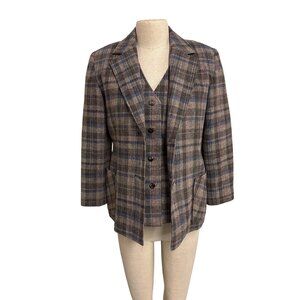 Vintage Handmade Womens Plaid Wool Blazer and Vest Set Two Button Pockets Classi